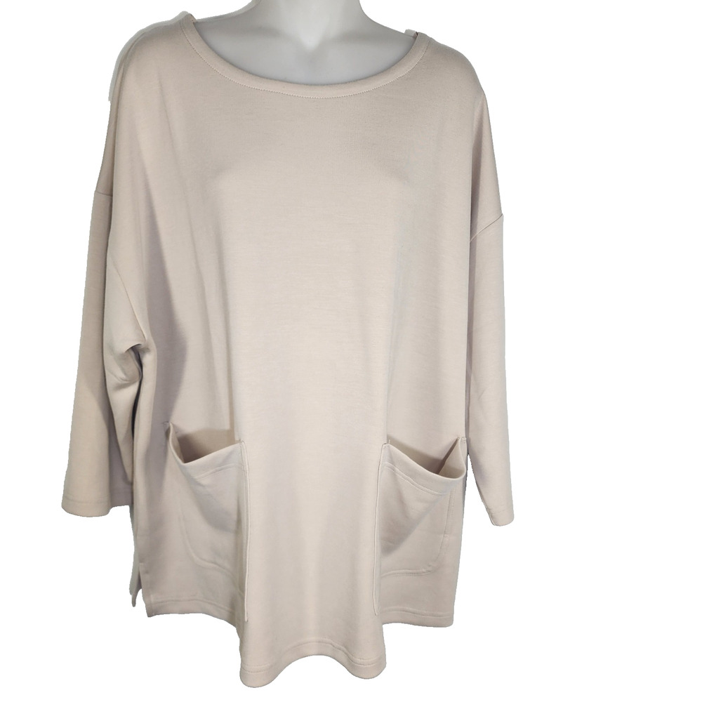 Jones New York Womens Pullover Cozy Top Size 1X Front Pockets 3/4 Sleeve Beige